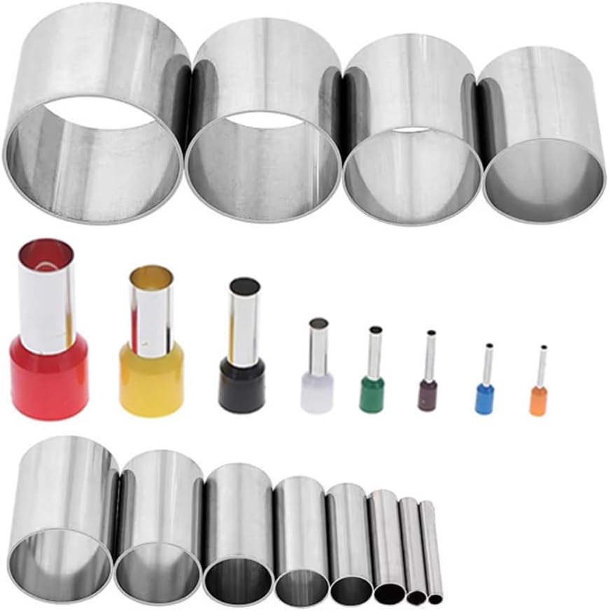 Assorted sets of cylindrical metal cutters and colored handled punches, perfect for shaping polymer clay charms, are arranged in various sizes on a white background.