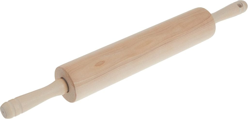A wooden rolling pin with handles on both ends, perfect for crafting polymer clay charms, shown on a white background.