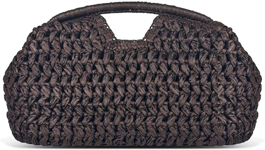 A dark brown, handwoven straw clutch bag with a rounded shape and integrated handle at the top.