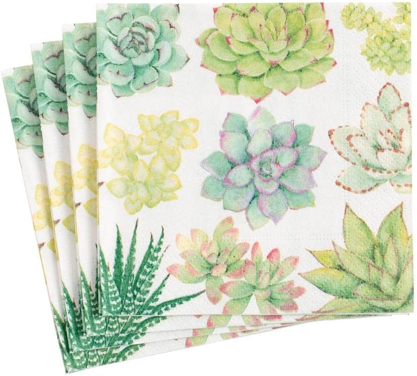 Several white paper napkins are stacked, each printed with various colorful succulent plant illustrations that resemble charming polymer clay charms.