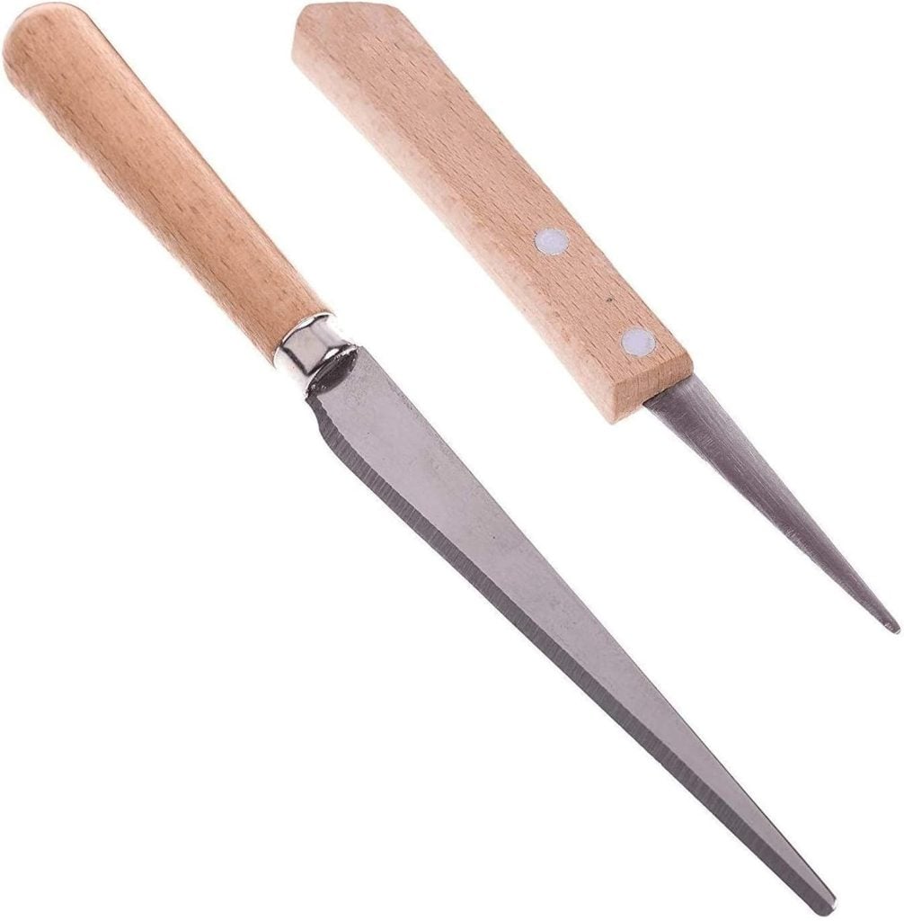 Two triangular metal files with wooden handles, ideal for shaping polymer clay charms&mdash;one shown with the file facing up and the other with the handle facing up.