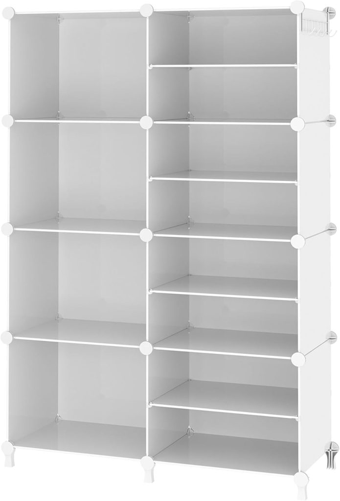 A white modular shelving unit with sixteen square compartments, some with added horizontal dividers, standing on four legs.