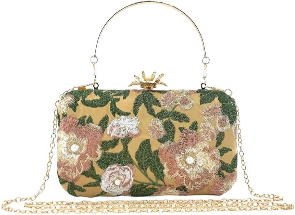 Floral embroidered handbag with gold metal handle and chain strap, featuring pink and white flowers with green leaves on a beige background.
