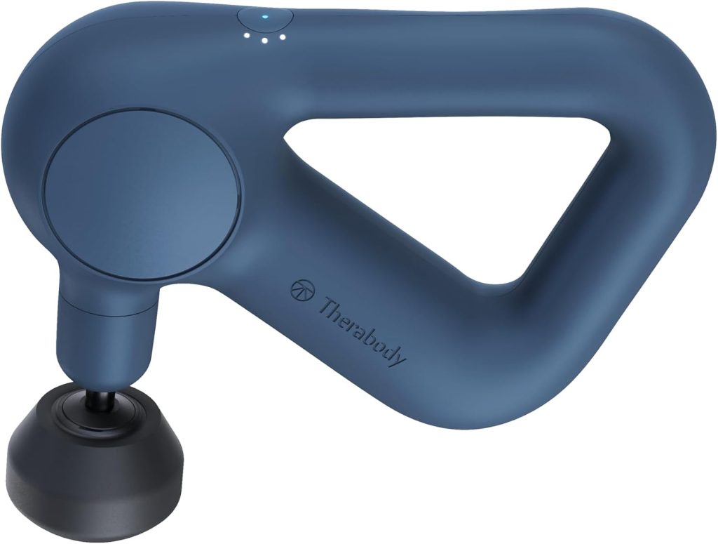 A blue handheld Therabody massage gun with a triangular handle and round massage head attachment&mdash;perfect for Amazon Father's Day gifting.