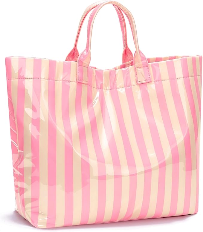 A large, glossy tote bag with vertical pink and light cream stripes and two short handles.