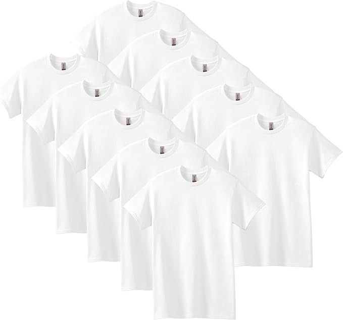 Nine plain white short-sleeve T-shirts are arranged in an overlapping pattern against a white background.