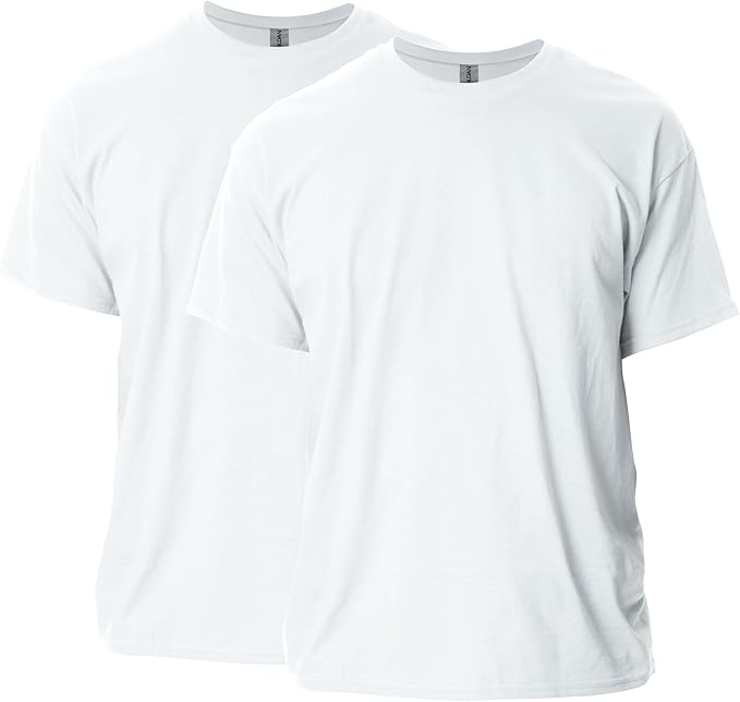 Two plain white short-sleeve t-shirts are shown side by side against a white background.
