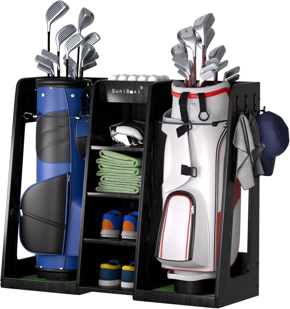 A black golf organizer&mdash;perfect for Amazon Father's Day gifting&mdash;holds two golf bags with clubs, towels, shoes, hats, golf balls, gloves, and folded towels neatly arranged on shelves and hooks.