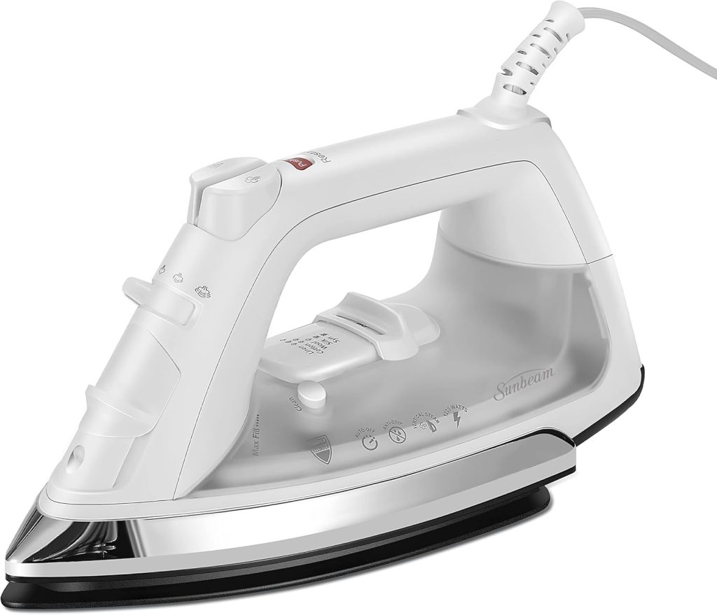 A white electric steam iron with a transparent water reservoir, labeled "Sunbeam," featuring control dials and a cord attached at the back.