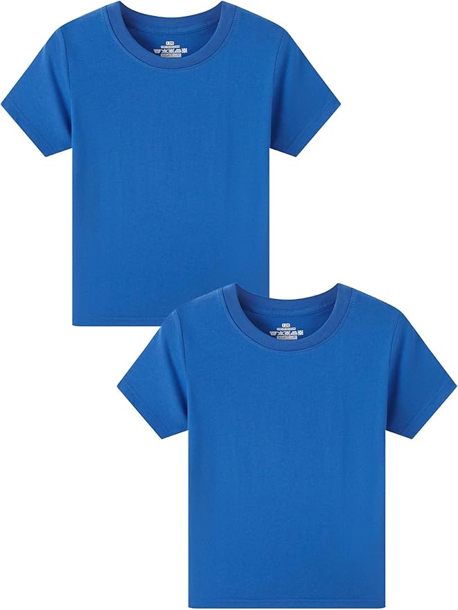 Two plain blue short-sleeve t-shirts are displayed side by side on a white background.