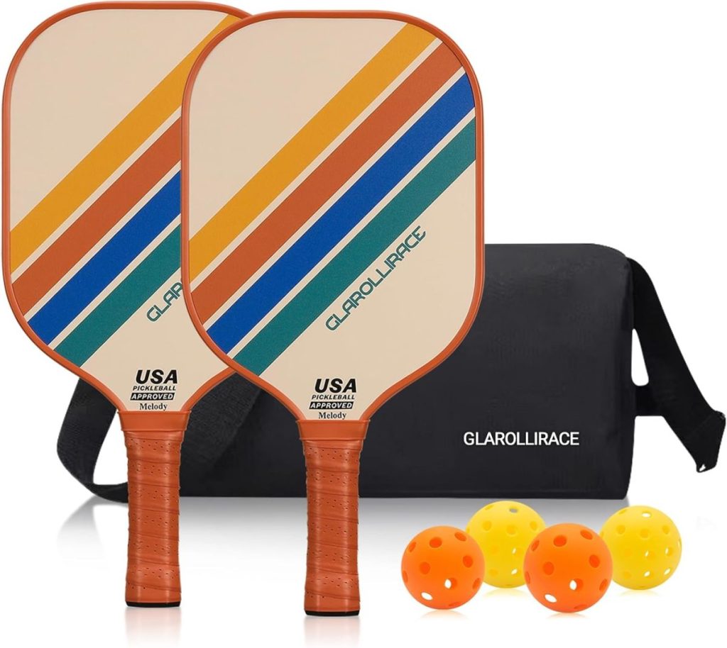 Two pickleball paddles with colorful stripes, four perforated balls, and a black carrying case labeled &ldquo;GLAROLLIRACE&rdquo;&mdash;a perfect Amazon Father's Day gift for sports-loving dads.