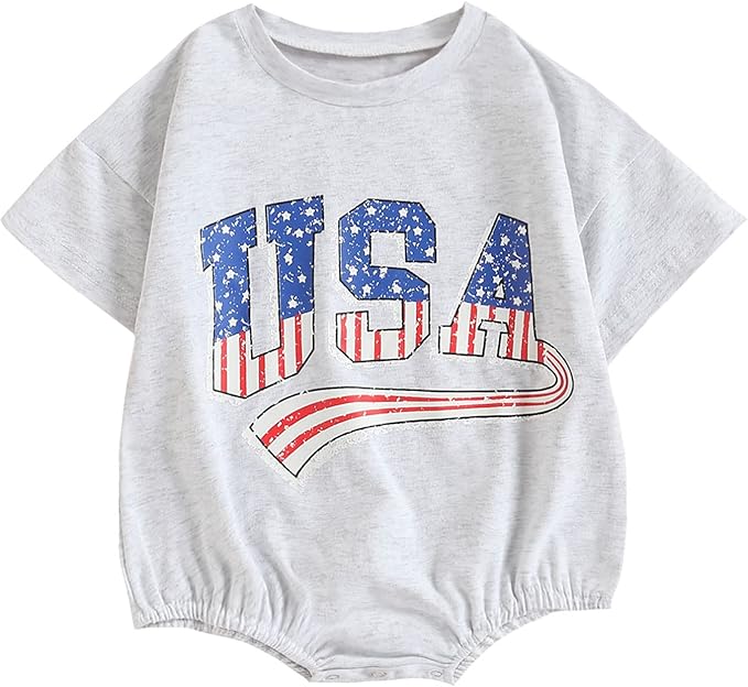 Light gray baby romper with short sleeves, featuring large "USA" text in stars and stripes pattern, and an American flag-themed underline design.