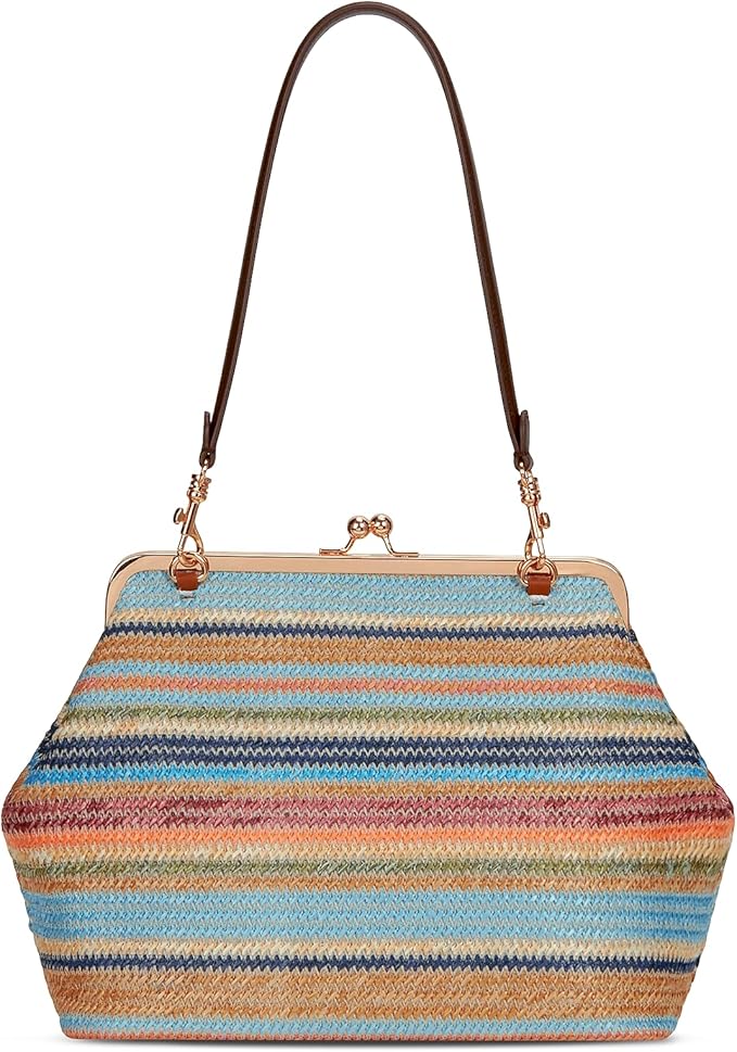 A structured handbag with a metal clasp, brown handles, and a multicolored horizontal striped pattern in blue, orange, and beige tones.