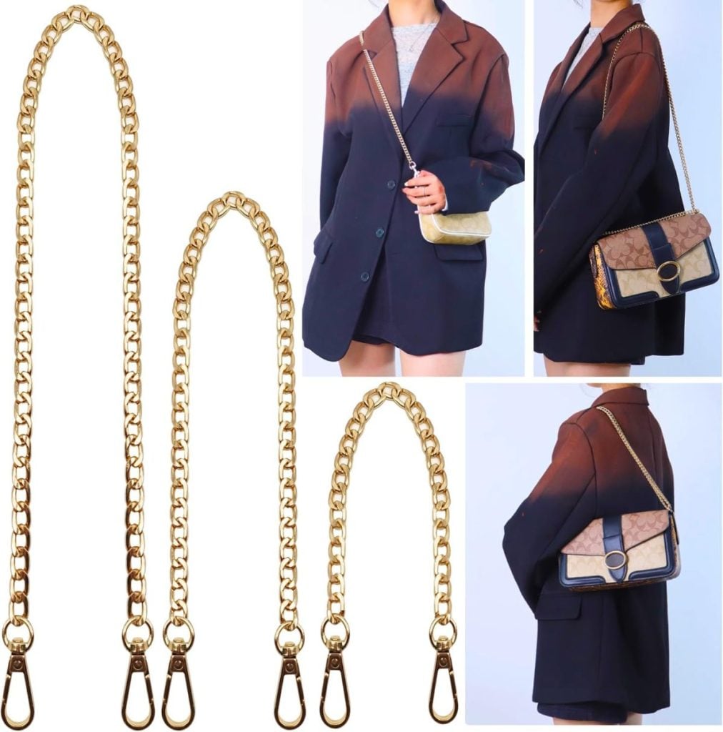 Gold replacement purse chains with clasps are shown; model demonstrates use with different handbags, wearing a dark blazer over a light top.