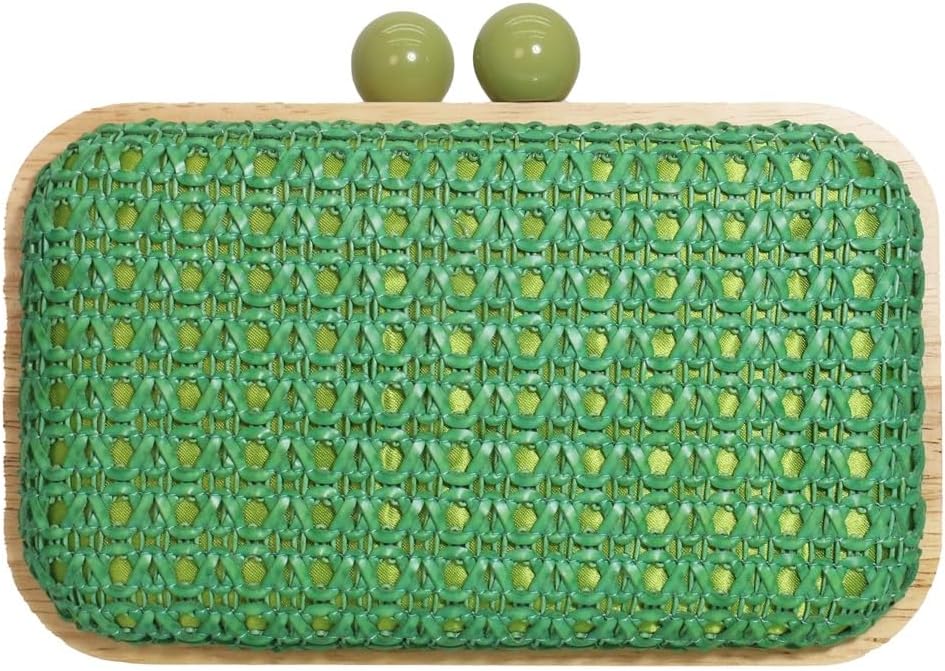 Rectangular clutch purse with a woven green front, wooden frame, and two round green clasps on top.