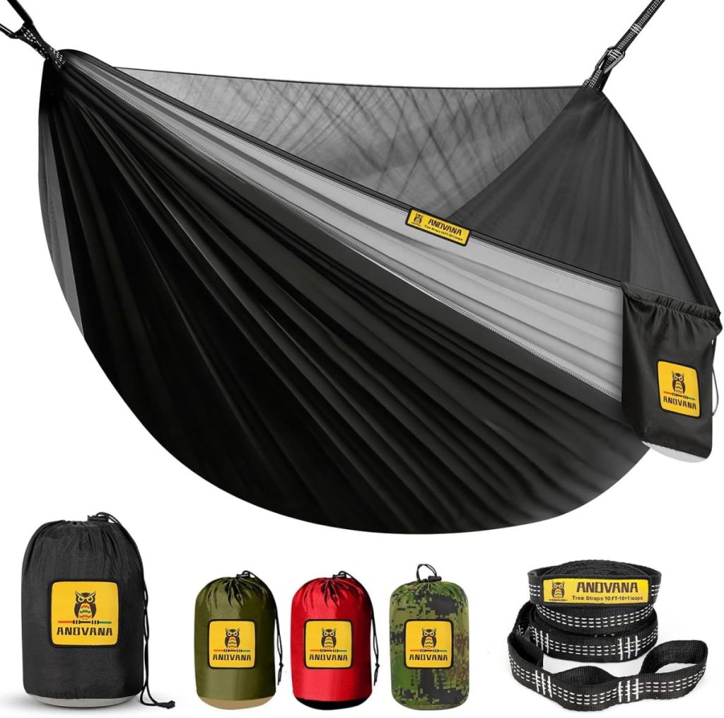 Black and gray Anovana camping hammock with mosquito net, shown with four colorful storage bags and two black straps&mdash;a great Amazon Father's Day gift idea.