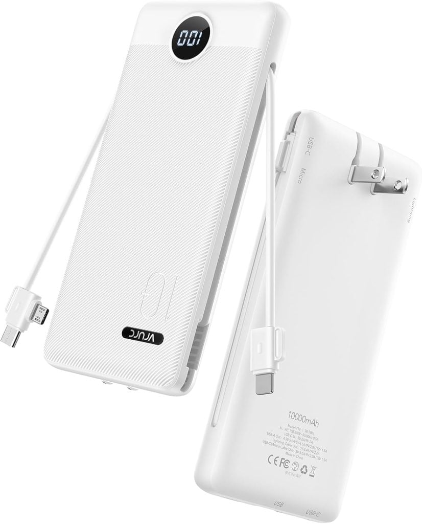 Two white portable power banks with built-in cables, one showing a digital display and the other showing charging specifications on the back.