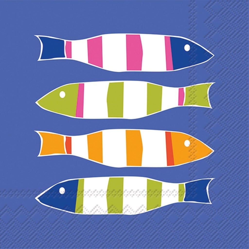 Four stylized fish with alternating colored stripes&mdash;pink, green, orange, and blue&mdash;resemble whimsical polymer clay charms as they&rsquo;re arranged horizontally on a blue background with a subtle patterned border.