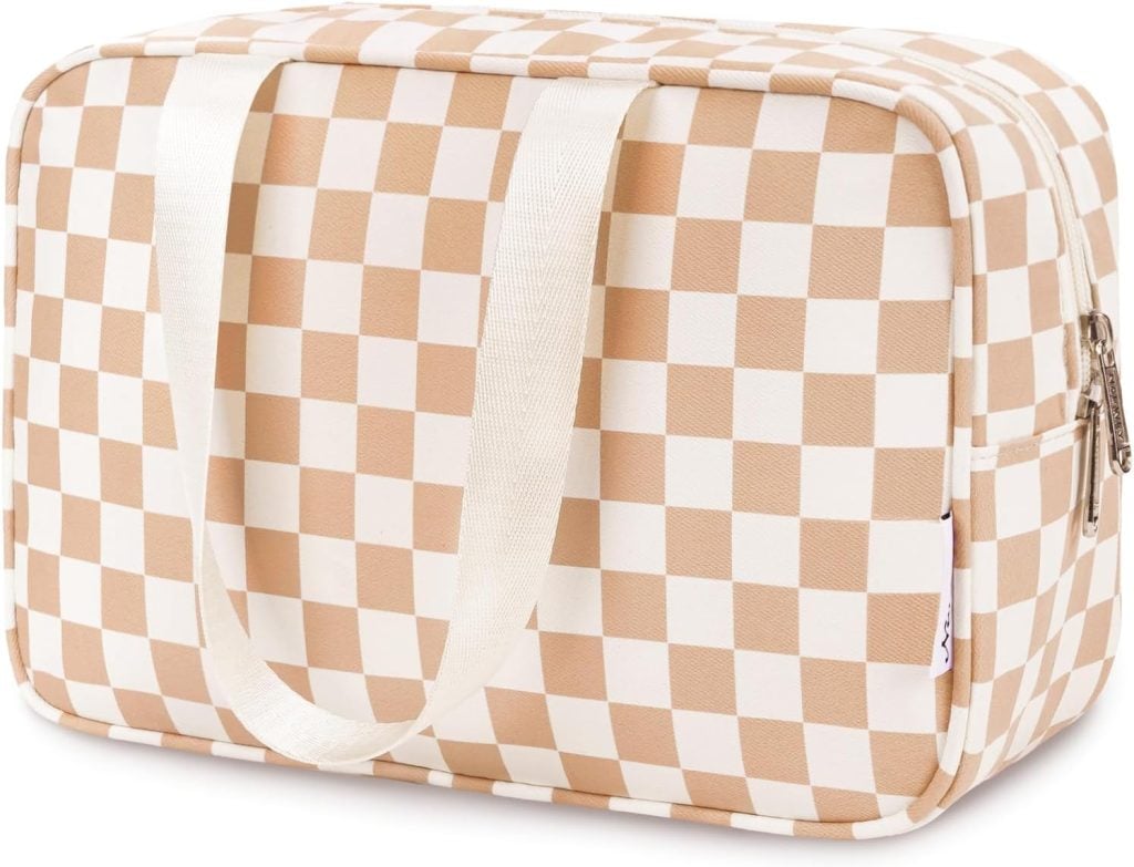 A rectangular bag with beige and white checkerboard pattern, white handles, and a zipper on the side.