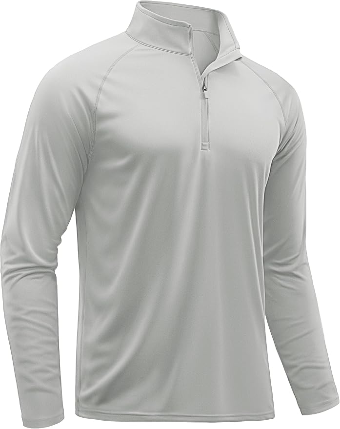 Light gray long-sleeve athletic pullover with a quarter-zip front and stand-up collar, perfect for Amazon Father's Day gifting, displayed on a plain white background.