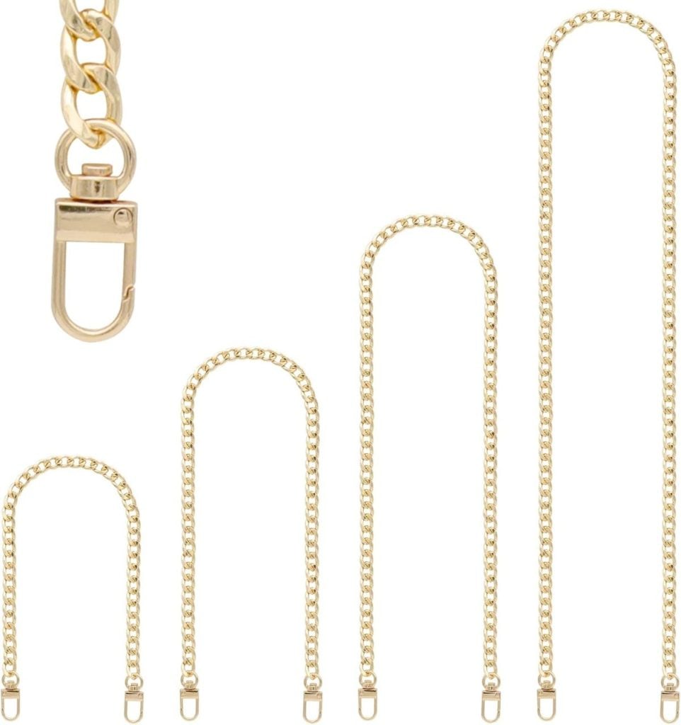 Five gold chain straps of varying lengths, each with a lobster clasp at both ends, displayed side by side on a white background.