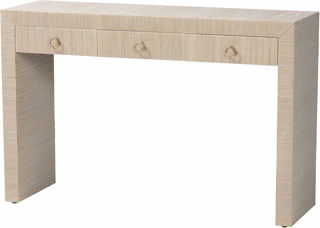 A rectangular, light wood console table with three drawers, each featuring a round metal pull handle.