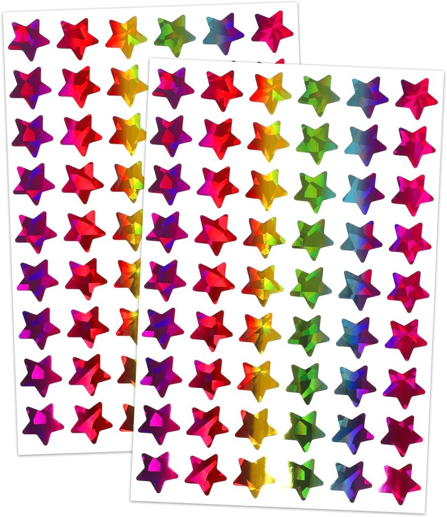 Two sheets of multicolored, holographic star stickers arranged in rows on a white background.