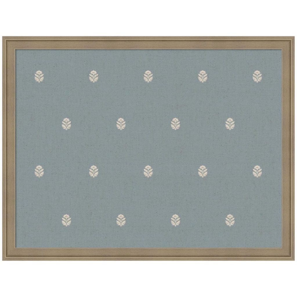Rectangular framed artwork featuring a blue-gray background with a repeating pattern of small white leaf motifs arranged in rows.