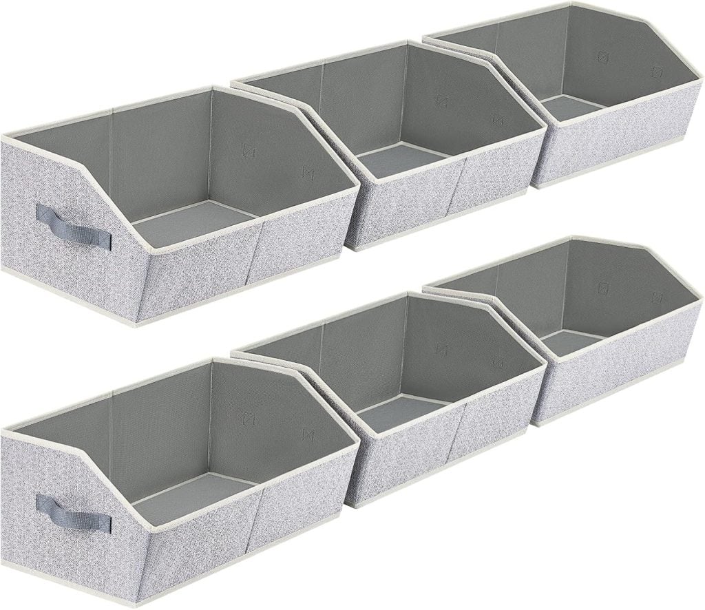 Eight gray and white fabric storage bins with handles, arranged in two rows of four, shown on a white background.