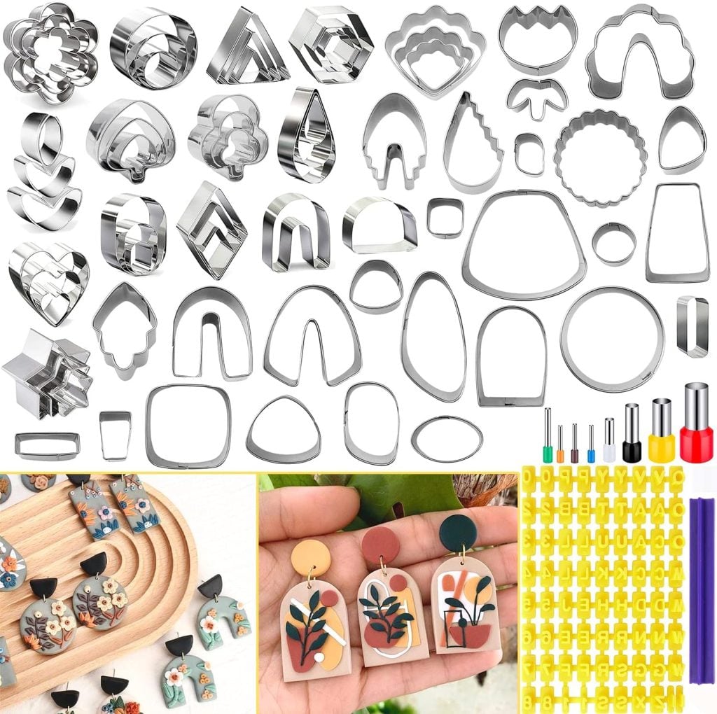 Various metal clay cutters, pattern tools, and accessories arranged above images of completed patterned polymer clay earrings, polymer clay charms, and crafting supplies.
