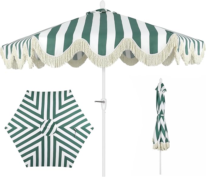 Green and white striped outdoor umbrella with fringe trim, shown open, closed, and from a top view.