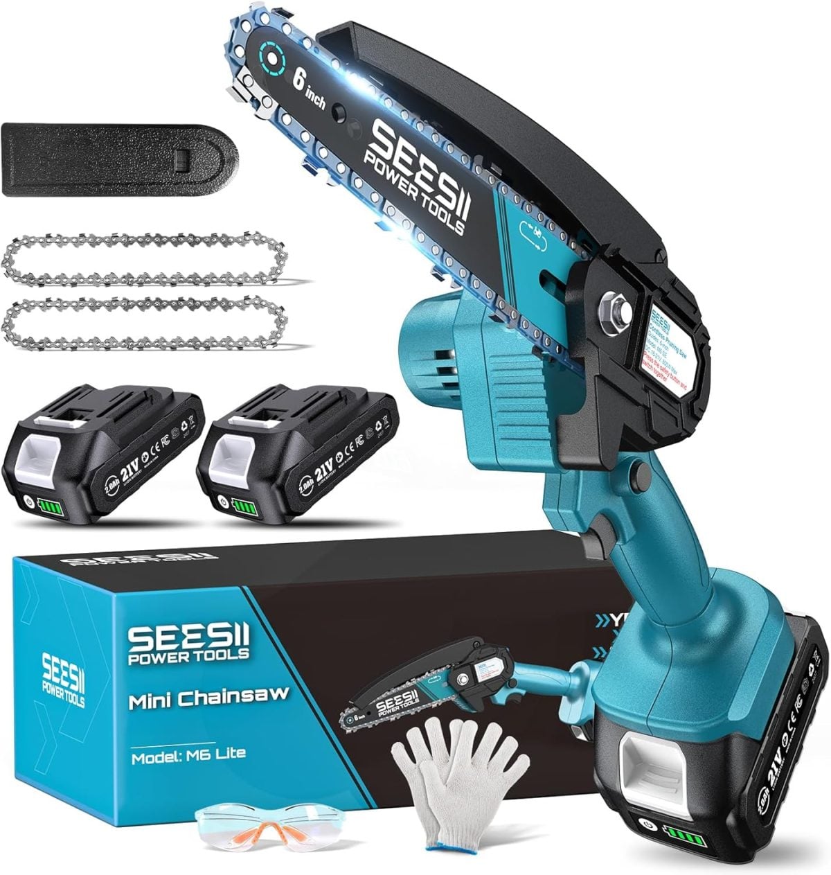 A 6-inch SEESII mini chainsaw kit&mdash;perfect for Amazon Father's Day&mdash;includes two batteries, two chains, charger, gloves, goggles, a storage box, and a protective cover.
