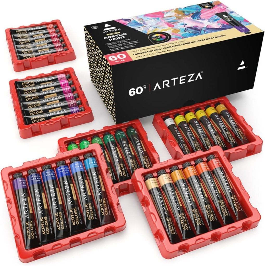A 60-pack of Arteza acrylic paint tubes organized in red plastic trays, displayed around the product’s black and colorful box—perfect for bringing your creative ideas to life.