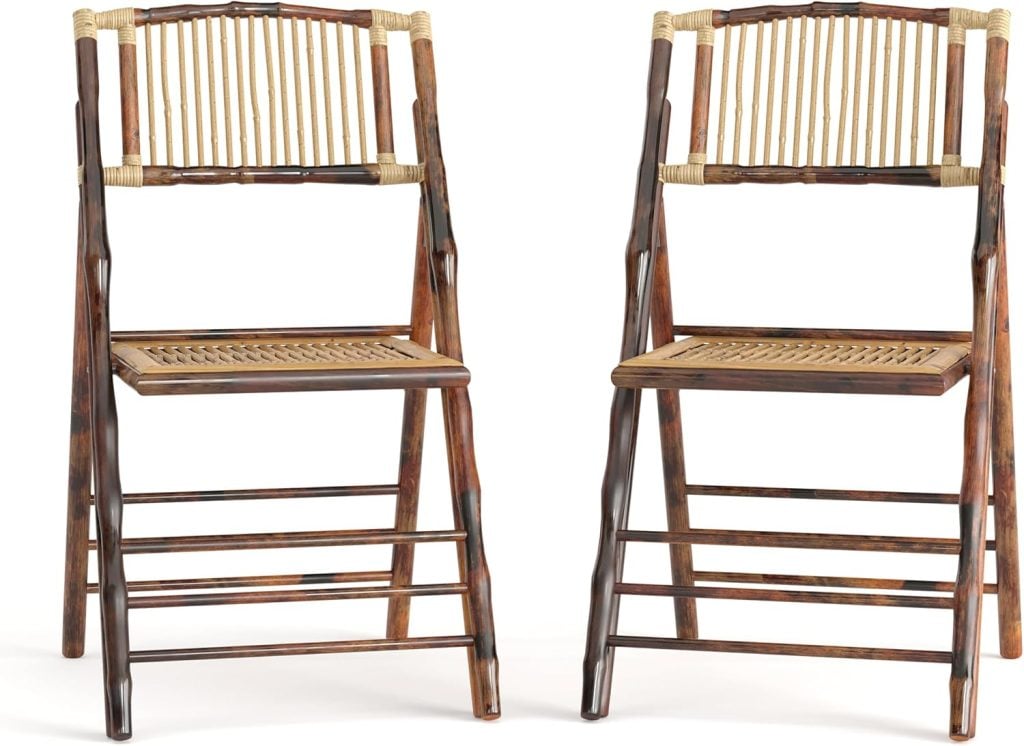 Two wooden folding chairs with vertical slat backs and seats, featuring a natural finish and light-colored woven accents.