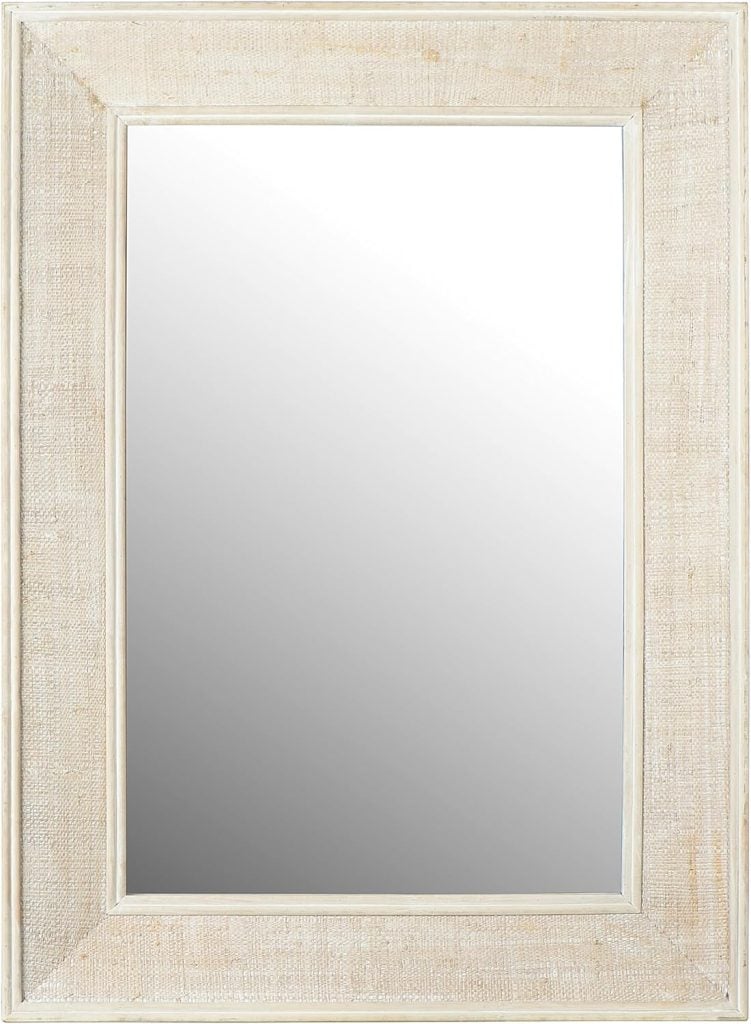 A rectangular wall mirror with a textured, light-colored wooden frame and a clear reflective surface.