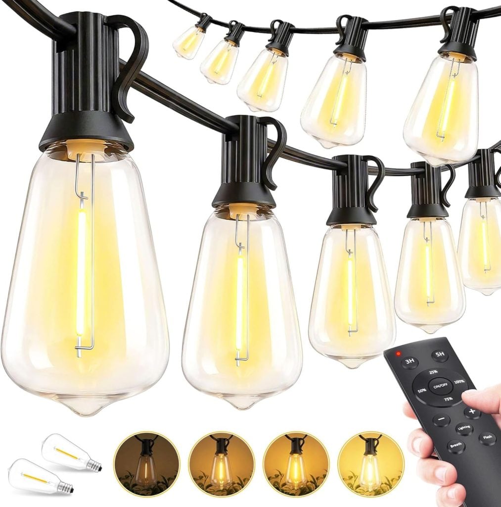 String of outdoor Edison-style LED bulbs with black sockets hanging on a wire, shown with a remote control and different light color temperatures below.