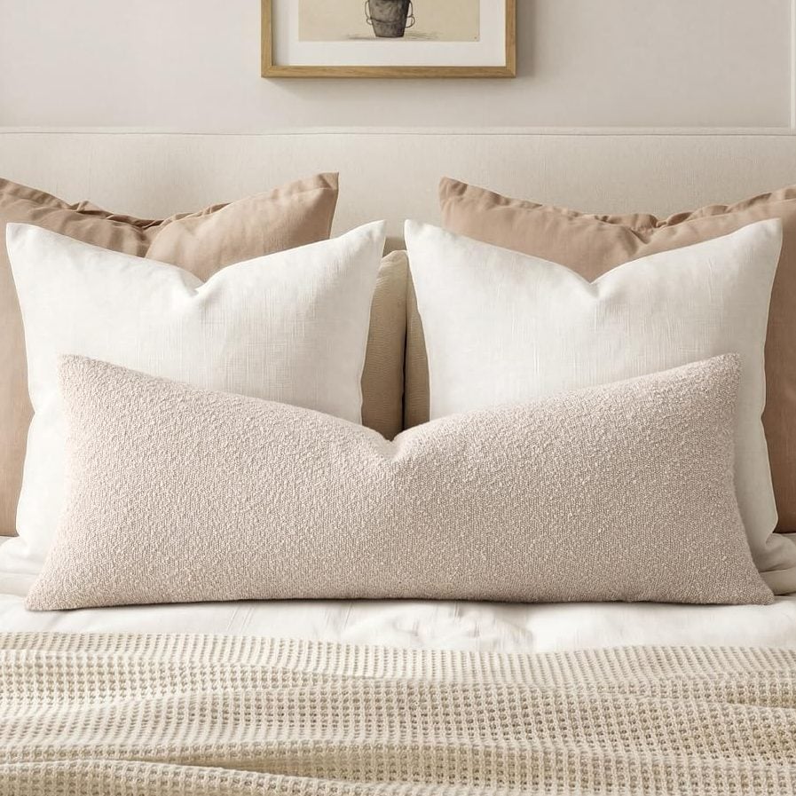A neatly made bed with layered beige and white pillows, a textured blanket perfect for summer sleep, a framed plant picture above the headboard, and bedside tables with a lamp and plant.