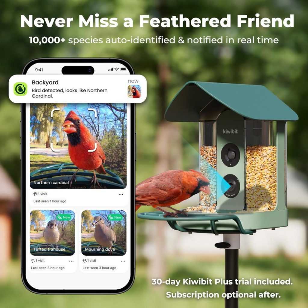 A smart bird feeder with a camera is shown identifying a cardinal via a smartphone app, with images of other bird species on the screen. Text promotes real-time notifications, a free trial, and Amazon Father's Day gifting ideas.