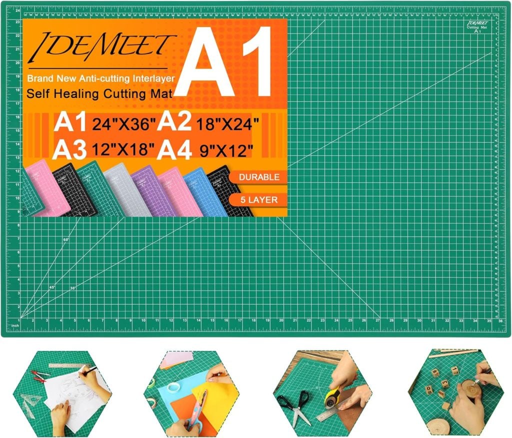 Large green self-healing cutting mat with measurement grid, brand IDEMEET A1, shown with various sizes and example uses for cutting and crafting.