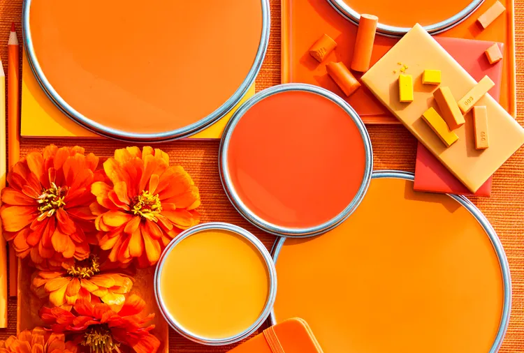 Open paint cans in various shades of orange surrounded by bright orange flowers, paint swatches, and pastel sticks arranged on an orange background.