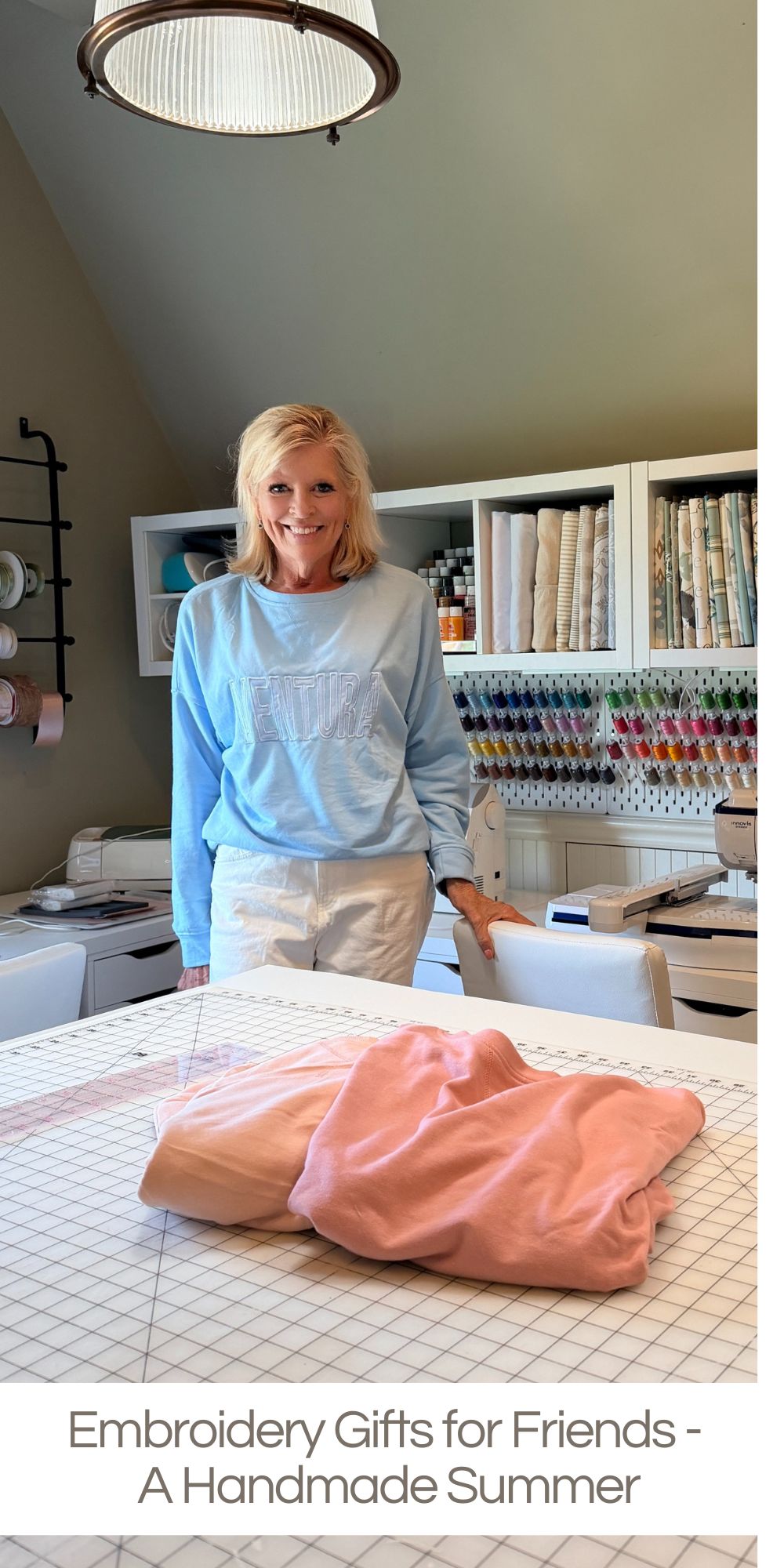For our recent girls' weekend in Ventura, I surprised my friends with matching embroidery gifts ... sweatshirts featuring the word Ventura, our beach house location.