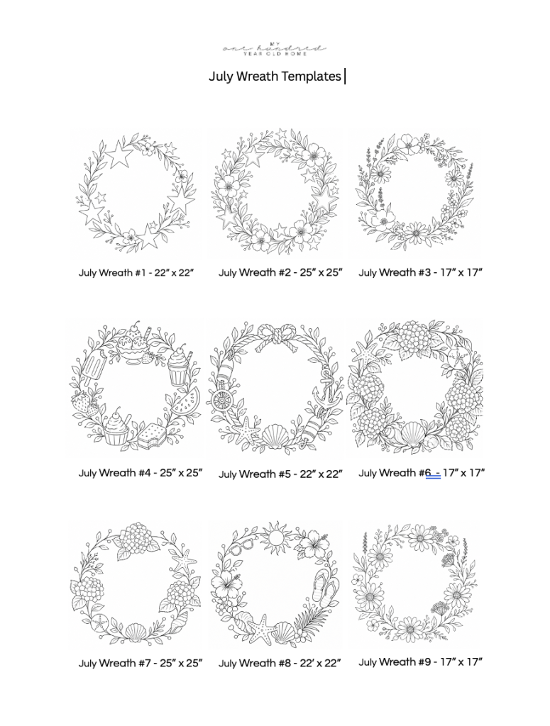 Nine black-and-white July wreath templates are arranged in a grid, each labeled with a number and dimensions ranging from 17" x 17" to 25" x 25".
