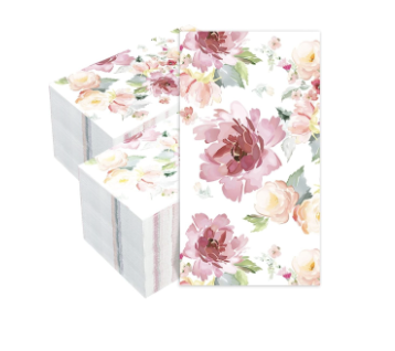 Stacked floral-patterned paper napkins with pink, red, and yellow flowers on a white background, perfect alongside handmade polymer clay charms for a charming table setting.