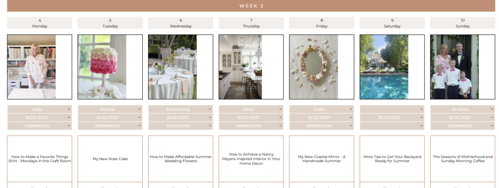 A weekly planner for Week 2 displays daily categories such as Crafts, Recipes, Entertaining, Decor, and At Home, each with an image and blog post topics listed below.