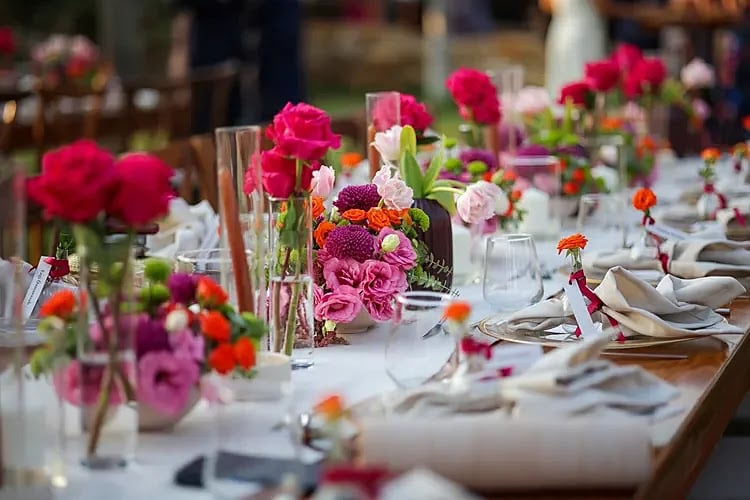 A long dining table set with white napkins, clear glassware, and vibrant floral centerpieces in shades of pink, red, orange, and purple.