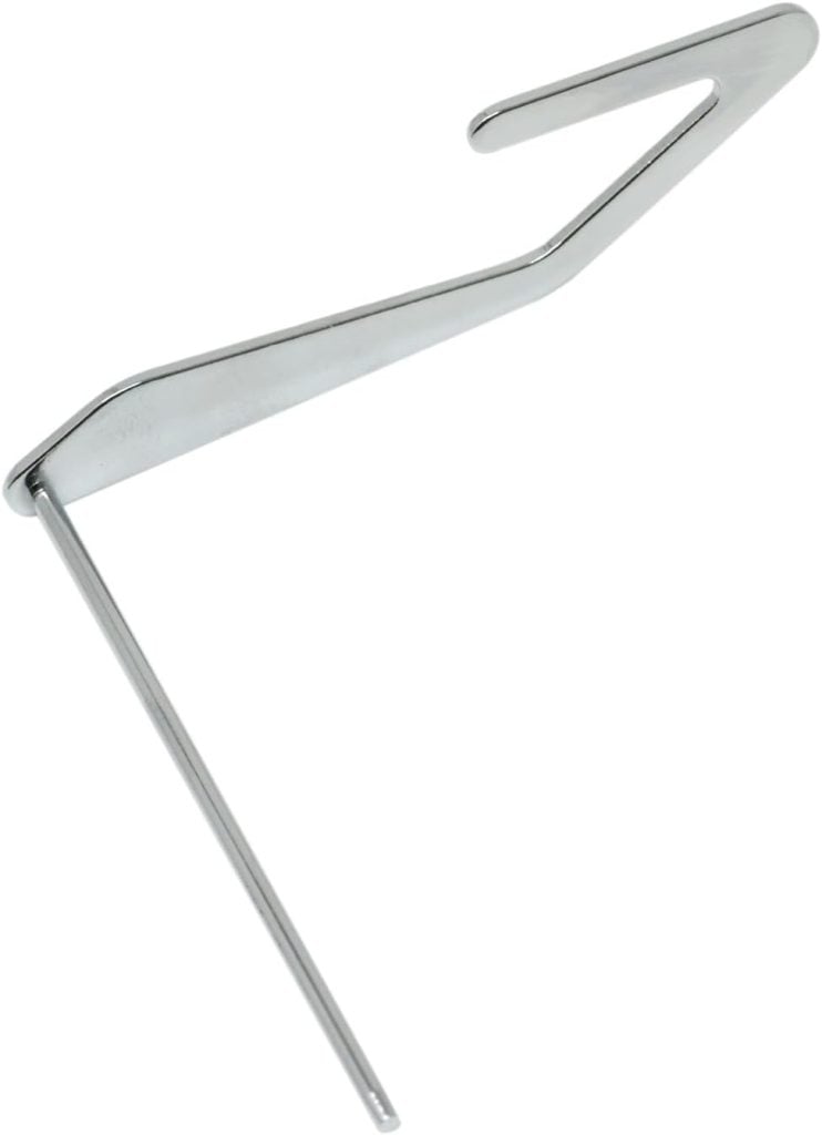 A metal hoof pick with a straight handle and an angled, hooked end, used for cleaning dirt and debris from horse hooves.