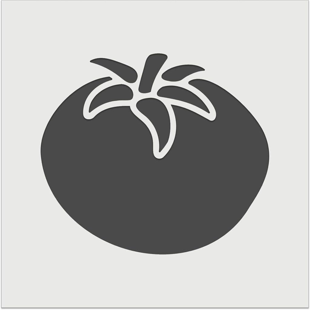 Simple black and white graphic of a tomato with a leafy stem, shown in silhouette style on a plain background.