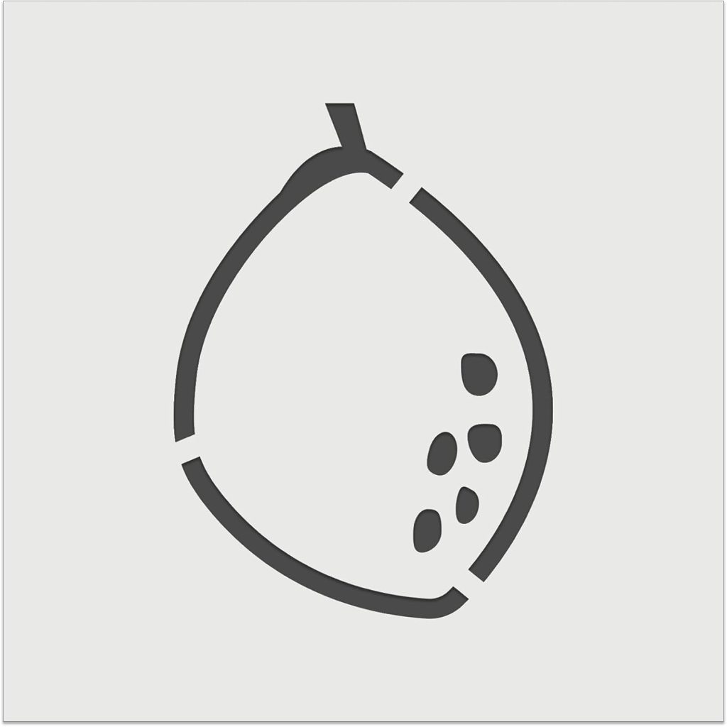 Simple black outline of a lychee fruit with six seeds shown inside, set against a plain light background.