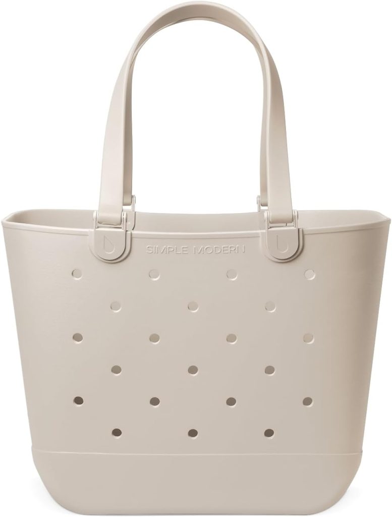 Beige rubber tote bag with two handles and a pattern of evenly spaced small holes on the front. The words "SIMPLE MODERN" are embossed near the top center.