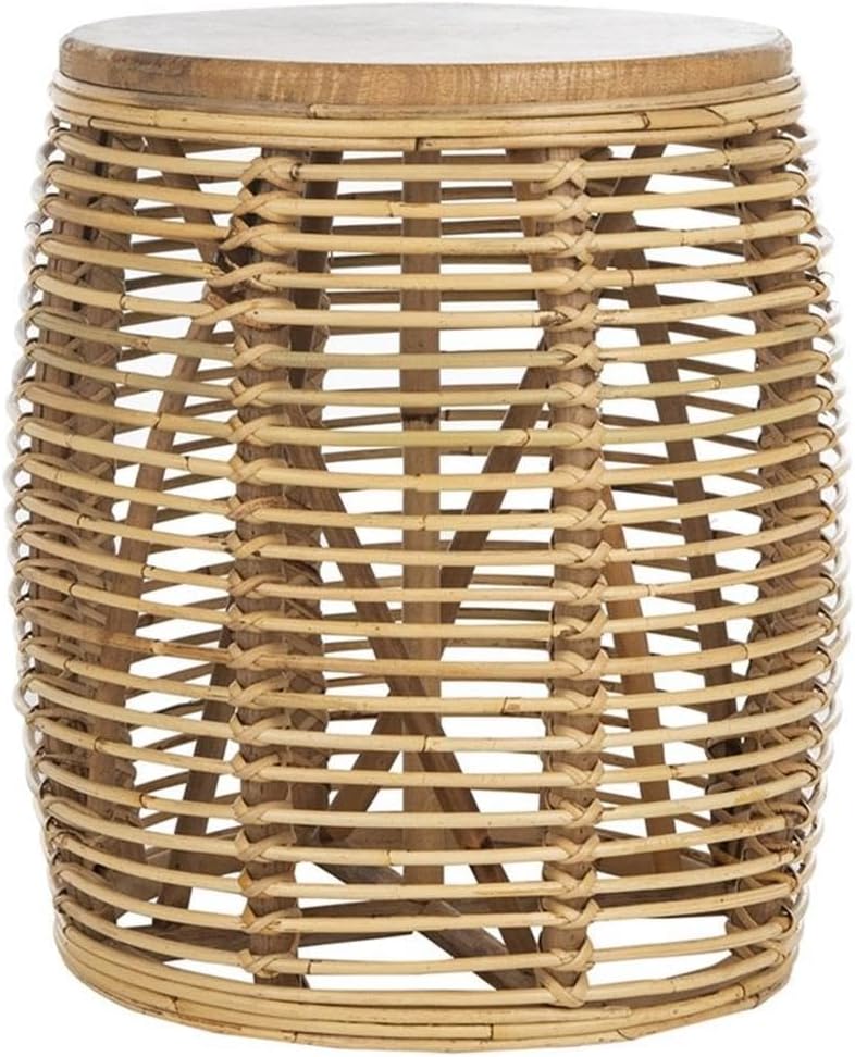 Round wicker side table with a flat wooden top and a woven, cylindrical base featuring diagonal and horizontal weaving patterns, this piece beautifully exemplifies the craftsmanship of rattan furniture.